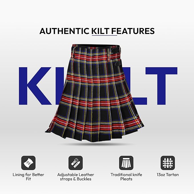Men’s Scottish 5 Yard Kilt – Black Stewart Tartan, Traditional Highland & Formal Wedding Wear