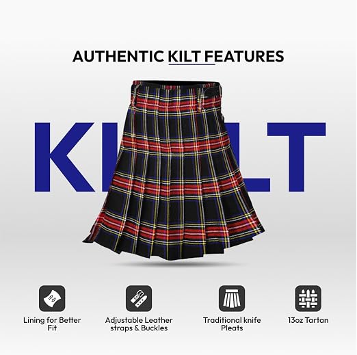 Authentic Scottish Men's Tartan Kilts - Highland Light Weight Value Kilt Embrace Your Heritage with Comfort Black Stewart Tartan Kilt