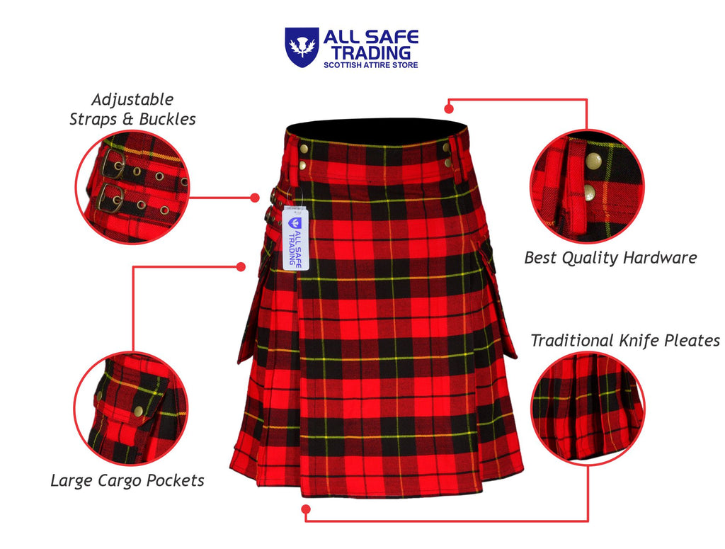 Scottish Men's Modern Wallace 16oz Tartan Pockets Utility Kilt, Cargo Kilt