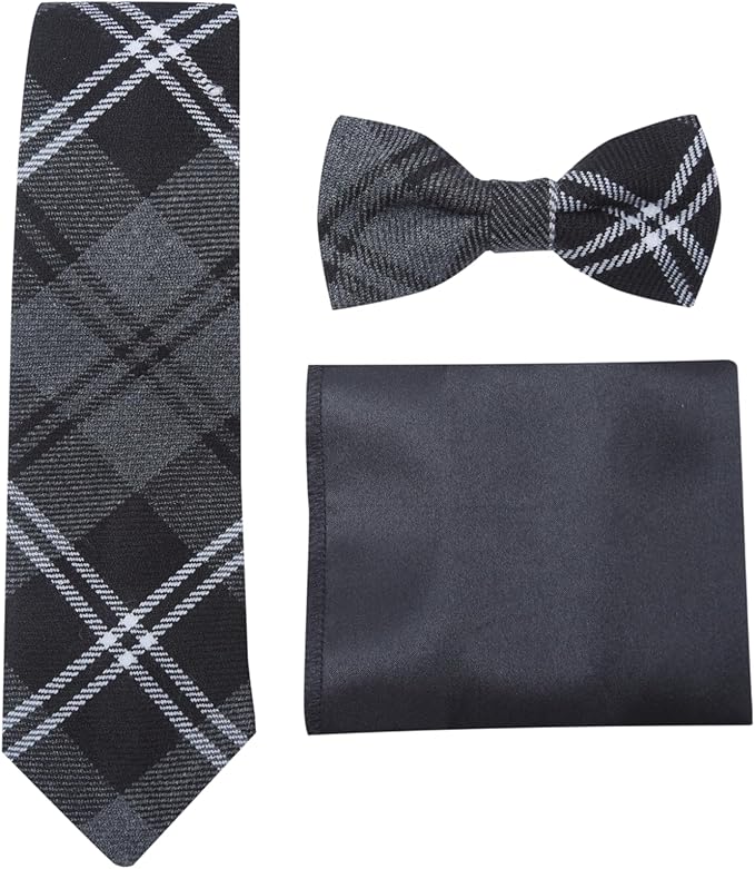 Premium Men’s Gift Tie Set – Granite Tartan Necktie, Pocket Square & Bowtie