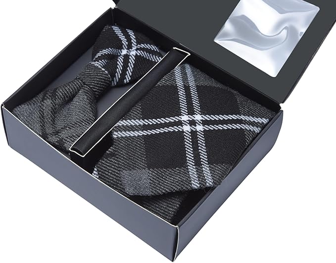 Premium Men’s Gift Tie Set – Granite Tartan Necktie, Pocket Square & Bowtie