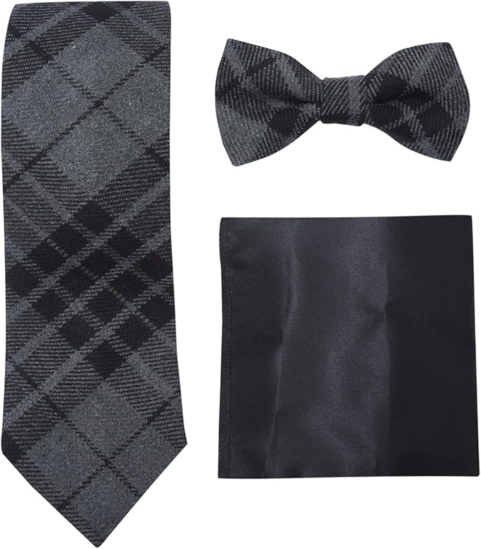 Premium Men’s Gift Tie Set – Grey Tartan Necktie, Pocket Square & Bowtie