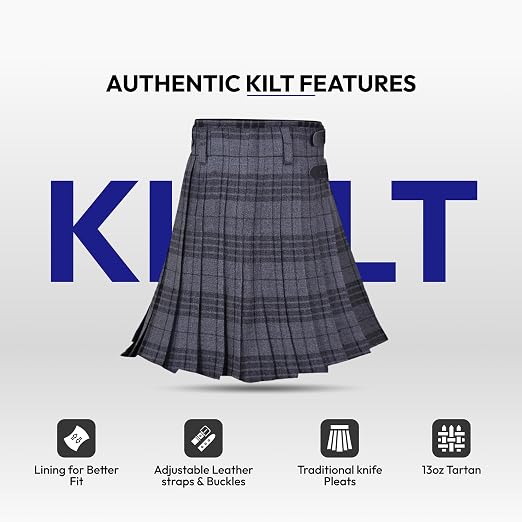 Men’s Scottish 5 Yard Kilt – Grey Tartan, Traditional Highland & Formal Wedding Wear