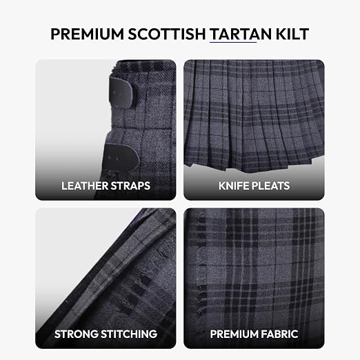 Men’s Scottish 5 Yard Kilt – Grey Tartan, Traditional Highland & Formal Wedding Wear