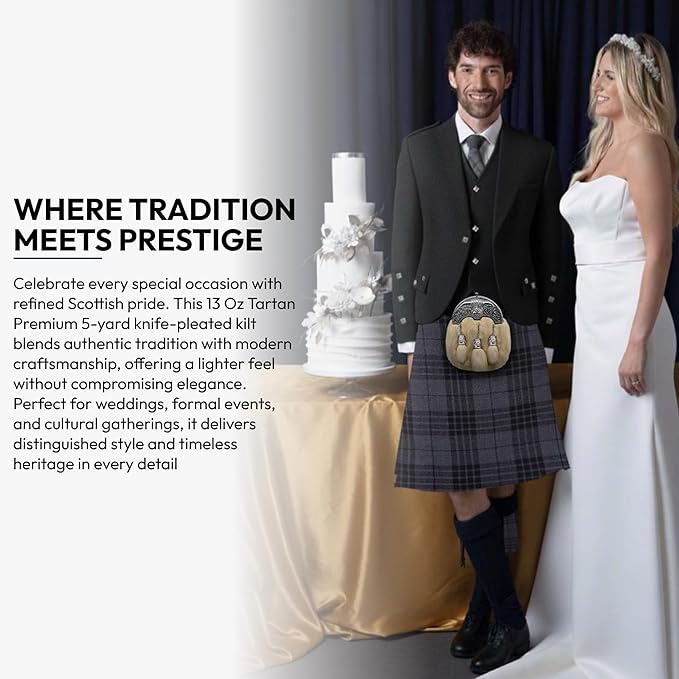 Men’s Scottish 5 Yard Kilt – Grey Tartan, Traditional Highland & Formal Wedding Wear