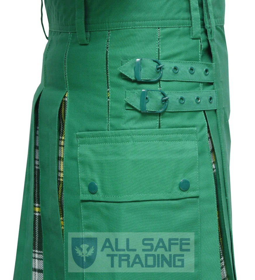 Men's St. Patrick Tartan Hybrid Kilt with Cargo Pockets, Utility Kilt