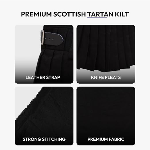 Authentic Scottish Men's Tartan Kilts - Highland Light Weight Value Kilt Embrace Your Heritage with Comfort Plain Black Tartan Kilt