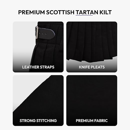 Men’s Scottish 5 Yard Kilt – Plain Black Tartan, Traditional Highland & Formal Wedding Wear