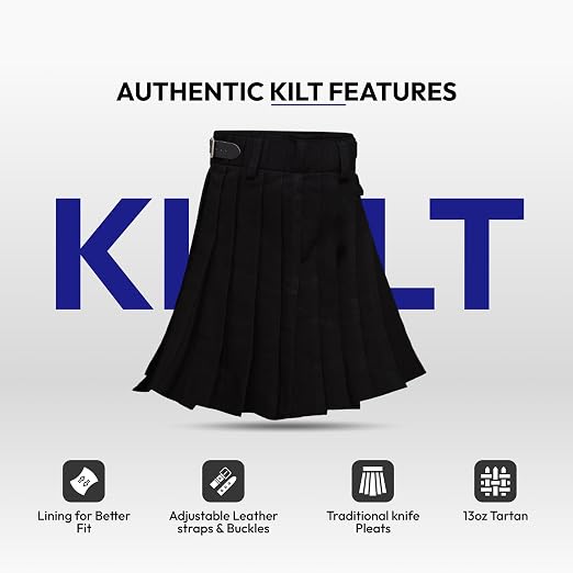 Men’s Scottish 5 Yard Kilt – Plain Black Tartan, Traditional Highland & Formal Wedding Wear