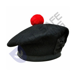 Scottish Black Wool Blended Balmorals Hat With Red Pompom on Top