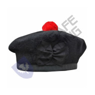 Scottish Black Wool Blended Balmorals Hat With Red Pompom on Top