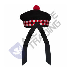 Scottish Black Wool Blended Balmorals  Dice Hat With Red Pompom on Top