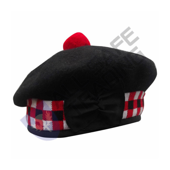Scottish Black Wool Blended Balmorals  Dice Hat With Red Pompom on Top