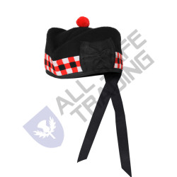 Scottish Black Wool Glengarry Dice Hat with Red Pompom