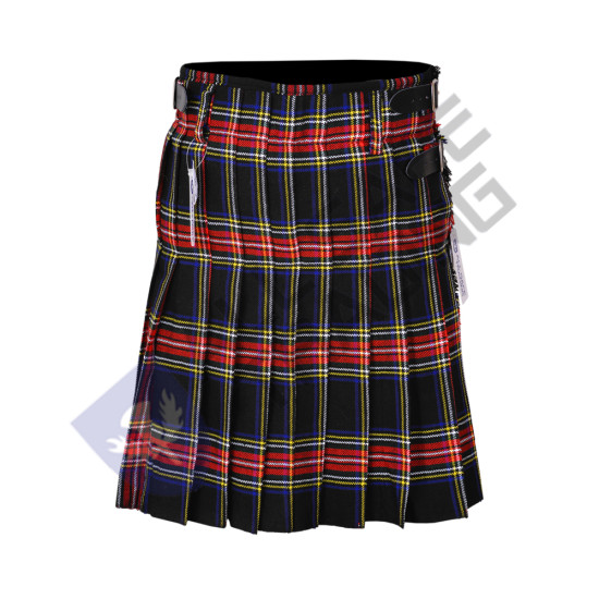 Men's Scottish 6 Piece Casual Kilt Outfit with Sporran, Black Stewart Tartan Kilt