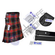 Men's Scottish 6 Piece Casual Kilt Outfit with Sporran, Black Stewart Tartan Kilt