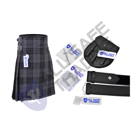 Men's Scottish 6 Piece Casual Kilt Outfit with Sporran, Grey Tartan Kilt